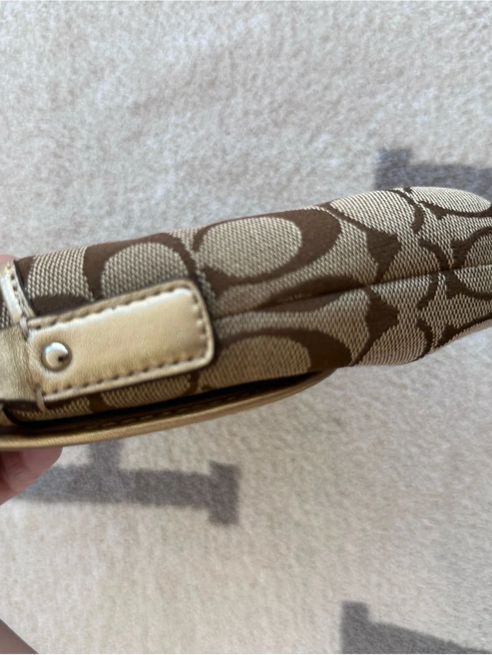 Coach Brown Signature Canvas Crossbody with Metallic Gold Buckle